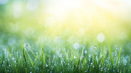 Obraz premium Dew-covered grass glistens in the sunlight, creating a serene, refreshing outdoor scene filled with vibrant green hues and soft bokeh effects.