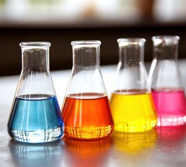 Colorful laboratory flasks with liquids on a table, white isolate background