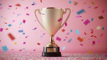 Golden trophy on a confetti-covered table against a pink background, symbolizing celebration and achievement.