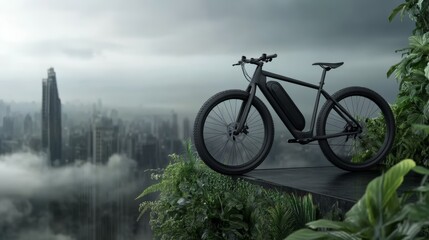 Fototapeta premium A sleek black electric bike stands on the edge of a lush, green cliff overlooking a misty cityscape shrouded in fog.