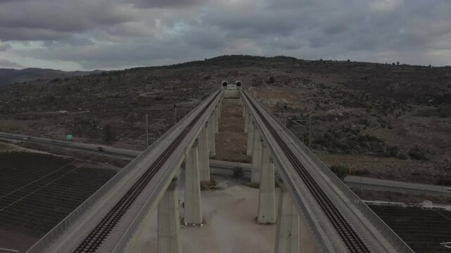 Aerial video over the railway bridge at emek Ayalon from Jerusalem to Tel Aviv. 