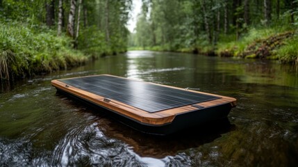 Obraz premium A peaceful river scene with a solar-powered device floating on the water amidst lush green trees.