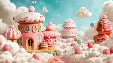 Whimsical candy-themed houses with cloud-like landscape and balloons.