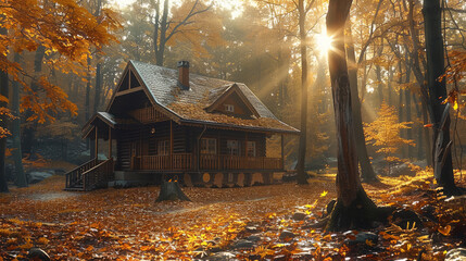 Chalet in the woods, relaxing atmosphere, pleasant sunbeams between the trees, autumn weather.