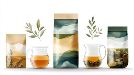 A serene display of tea packaging and brewed tea, showcasing natural elements and earthy colors.