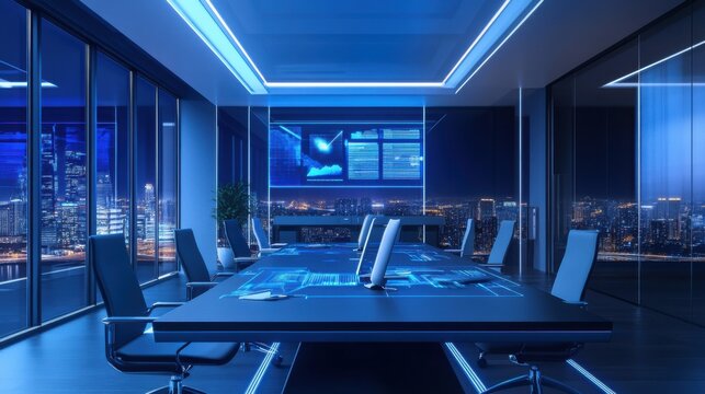 A stylish smart office with an intelligent lighting system that adjusts according to productivity levels and a holographic display for meetings, Contemporary work environment theme, Minimalist style