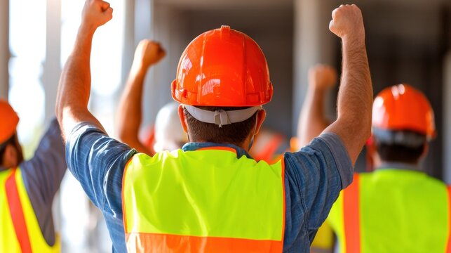 Construction workers celebrating a successful project completion.