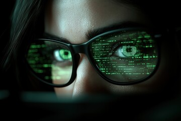 A glowing female graduate stands out against swirling binary code in a dark setting