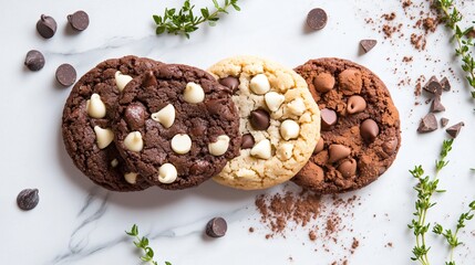 Triple chip cookies with dark, milk, and white chocolate chips, isolated on a marble background, with decorative cocoa powder and sprigs of thyme