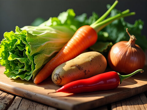Variety of vegetables including a carrot, potato
