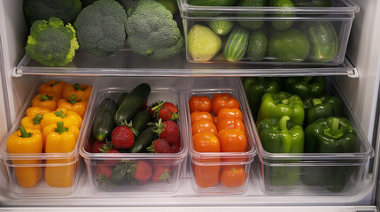 a refrigerator stocked with clear containers filled with a variety of fresh vegetables and fruits. Items like broccoli, bell peppers, and cherry tomatoes are visible, indicating a focus on healthy