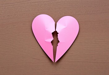 A pink paper heart, torn in half, sits on a brown wooden surface.