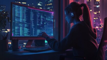 Obraz premium Young Female Programmer Working Late in Office. Generative AI.