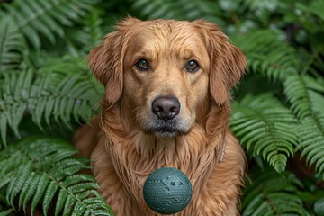 Golden Retriever with Ball in Lush Green Forest Setting