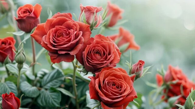 View vibrant red roses blooming in a peaceful garden during a sunny afternoon