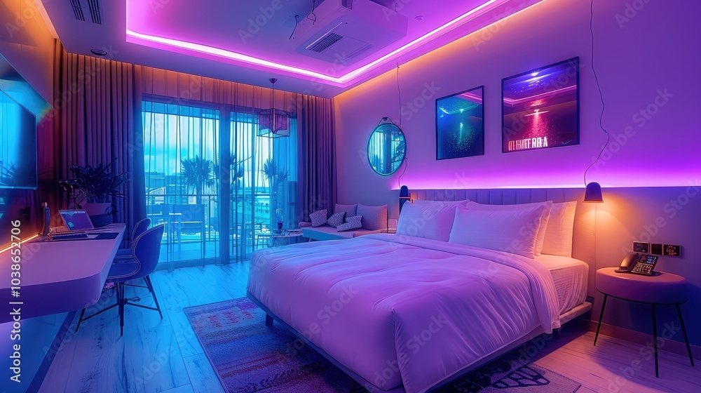 Wall mural a hotel room, purple blue and green lighting, accessories distributed around the room, neon signs, c