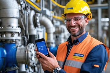 Technician receives urgent alert on smartphone in factory machinery environment. Generative AI