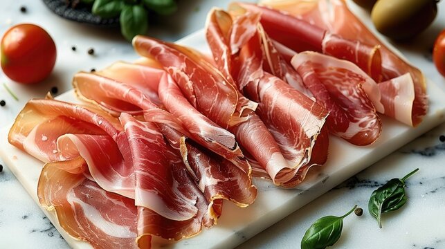 Thinly sliced prosciutto and air-dried ham layered delicately on a marble slab, prosciutto slices folded in translucent layers, delicate fat streaks running through the meat.