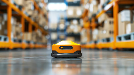 Autonomous robot in a warehouse aisle.