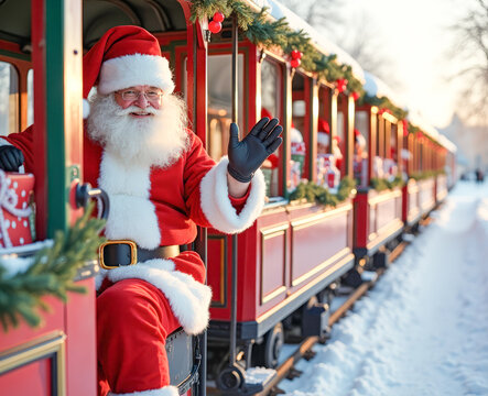 Santa Claus is riding a retro train through the winter forest waving and carrying gifts