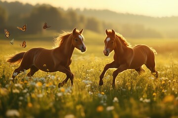 Fototapeta premium Energetic Foals Playing in Sunlit Meadows