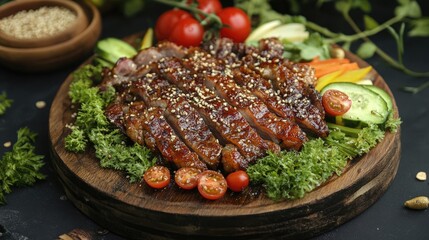 Grilled Meat with Vegetables and Herbs on Wooden Platter