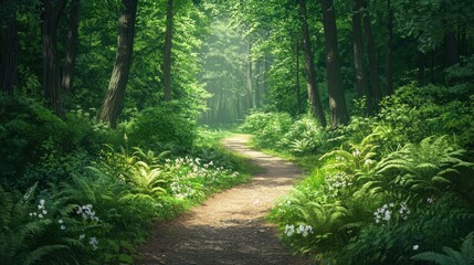 Obraz premium A peaceful forest path lined with ferns and wildflowers, with a person gently walking through, enjoying the stillness and fresh air as part of their Shinrin-yoku practice, surrounded by dense greenery