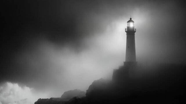 A lighthouse stands tall amidst fog and waves during a storm at sunset by the coast