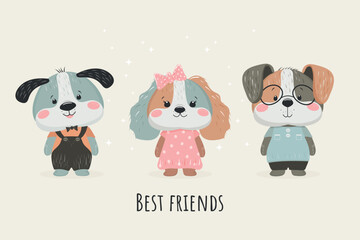 Holiday card, background, banner with cute puppies - best friends, hand-drawn. Vector design for children.