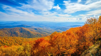 Fototapeta premium Aerial view of a small town surrounded by colorful autumn trees and a golden sunset.