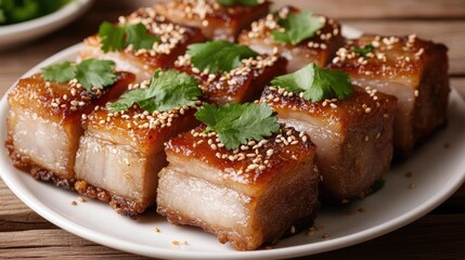 Crispy Pork Belly with Fresh Coriander Garnish