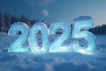 2025 ice sculpture in snowy landscape, glowing numbers in winter scene with moonlight and forest background