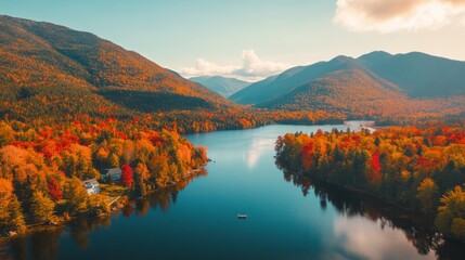 Aerial view of a small town surrounded by colorful autumn trees and a golden sunset.