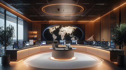 Modern control room minimalist, Composite materials include carpet, wood panel wall, white and black, architectural, a lot of screens, control room with a holographic world map circle screen.