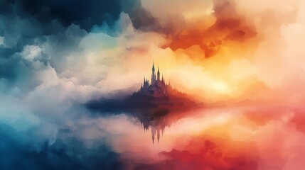 Fototapeta premium Floating Castles in a Rainbow Sky, Enchanting landscape with whimsical architecture, Soft pastel hues, Imaginative dreamscape