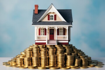 Tiny, stylish home placed next to stacks of coins, representing the concept of downsizing in real estate and financial savings for future housing investments