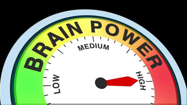 Brain Power Level Text or Word Low and Medium to High Meter Concept Animation on Black Background and Blue Screen