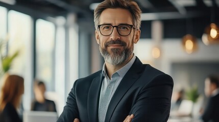 A confident businessman leads a team meeting in a modern office, showcasing collaboration and engagement.
