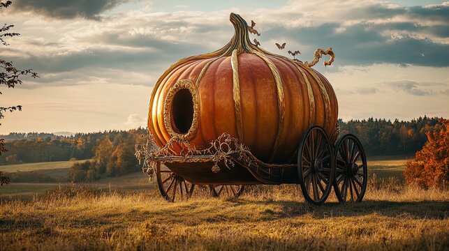 A whimsical, oversized pumpkin carriage is situated in the center of a vast, open field during the golden hour, with soft, warm light illuminating its features. The carriage, crafted to resemble a pum