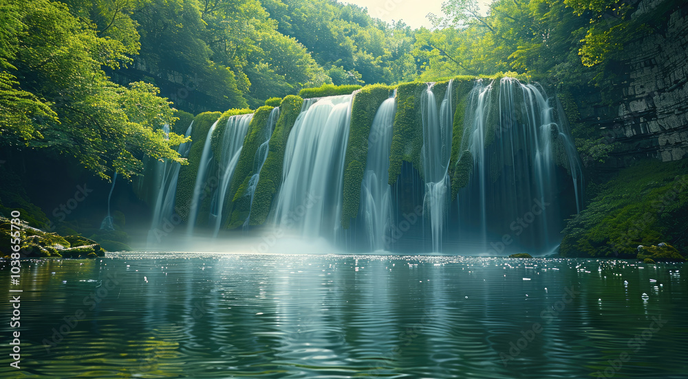 Poster a serene waterfall cascades down moss-covered cliffs, reflecting in the calm waters below. the lush 