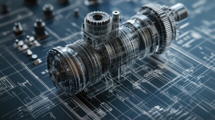 Fototapeta premium A detailed 3D rendering of an industrial machine positioned overlaid on a technical blueprint background, illustrating a sophisticated engineering design process and technological innovation.
