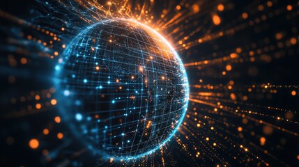 A digital globe with a glowing blue and orange grid surrounded by data streams on a black background.