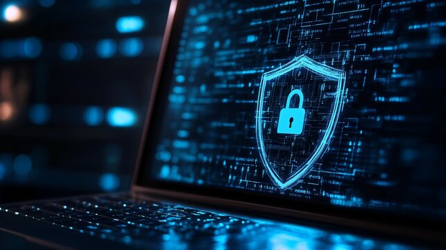 Laptop screen displaying a lock icon on a shield symbol representing cybersecurity on a blue background 