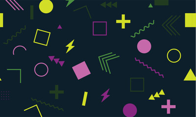 Seamless Memphis Pattern Design with green and pink colors on dark isolated background