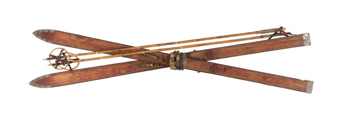 vintage wooden skis isolated on white background