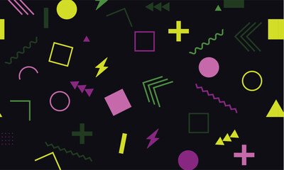 Seamless Memphis Pattern Design with green and pink colors on black isolated background