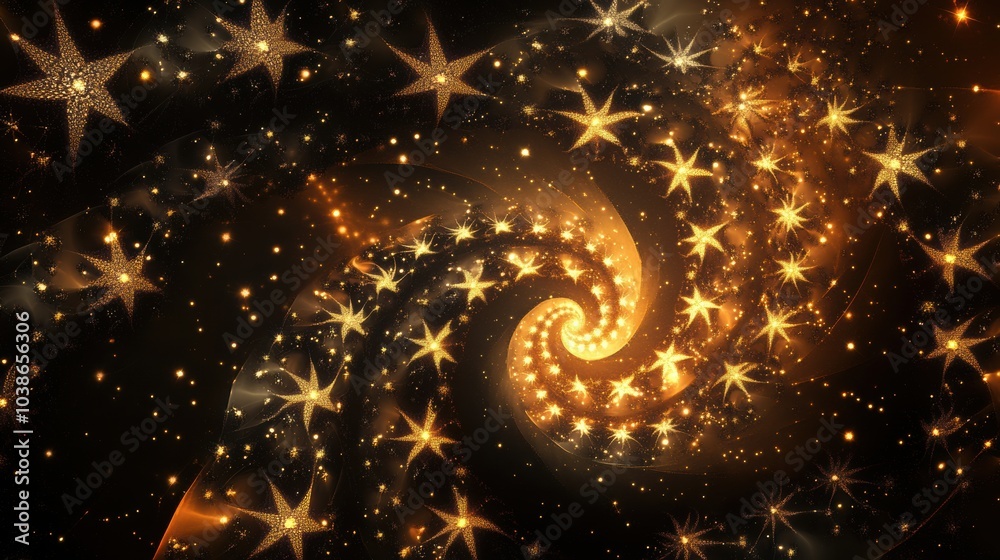 Aufkleber Golden spirals and stars intertwine on a dark background, showcasing a mesmerizing play of light and shadow in an abstract arrangement. Generative AI