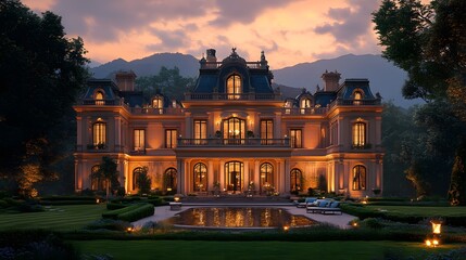 Fototapeta premium French Countryside Mansion at Dusk