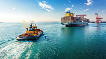 Fototapeta premium A small harbor tugboat assisting a large container ship into port under clear blue skies.