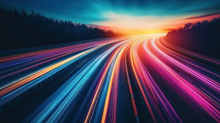A highway with colorful light trails, symbolizing the speed and movement of digital marketing. Generative AI.